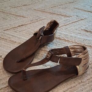 Brown Leather Sandals with Gold Accents